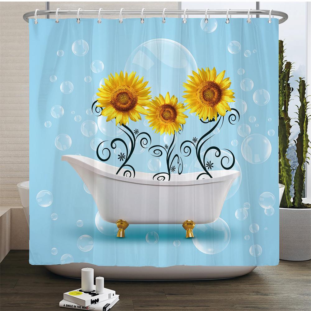 Magic Sunflower Butterfly Shower Curtain Sets Black Yellow Art Country Flower Bathroom Decor Curtains Bath Mats Rug Toilet Cover