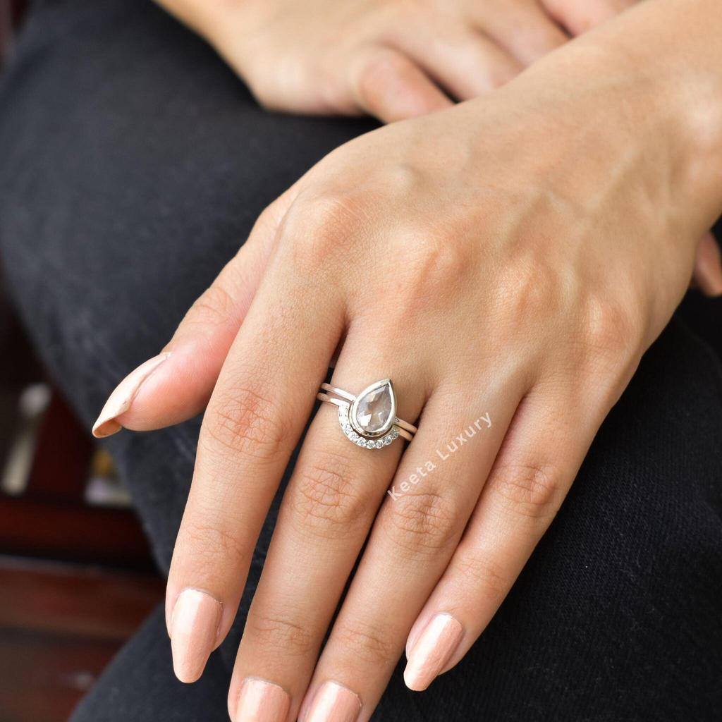 Natural Rose Quartz ring set Pink quartz statement ring with eternity band Sterling silver fashion ring for women Pear cut ring