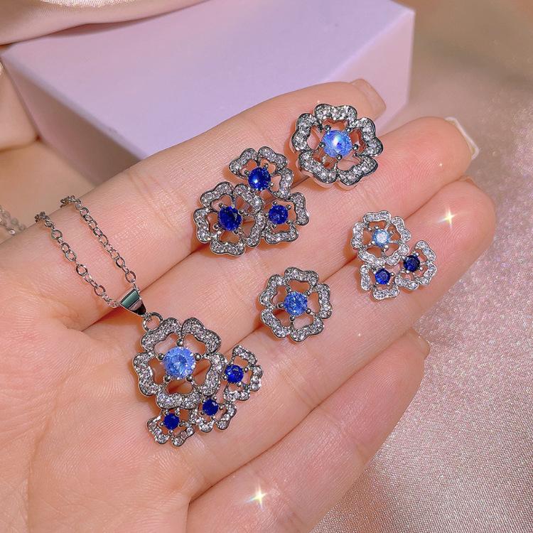 Simulated Spiky Sapphire Cut Ring Necklace Pendant Earring Set