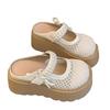7Cm thick-soled bag head half-drag women's shoes 2025 summer versatile bow pearl mesh hollow breathable outer shoes
