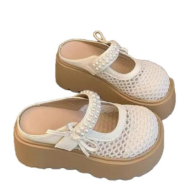7Cm thick-soled bag head half-drag women's shoes 2025 summer versatile bow pearl mesh hollow breathable outer shoes