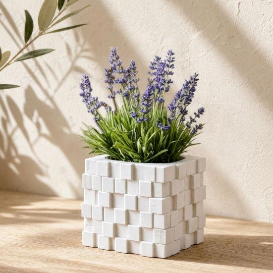 3D Printed Pixel Cube Planter, Grid Spliced Decor, Retro Geometric Ornament, Matte Breathable Structure, Compact Desktop Pot for Succulents Green