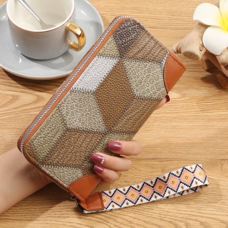Women's Bag Printed Grid Contrasting Color Medium Long Wallet Large Capacity Coin Purse