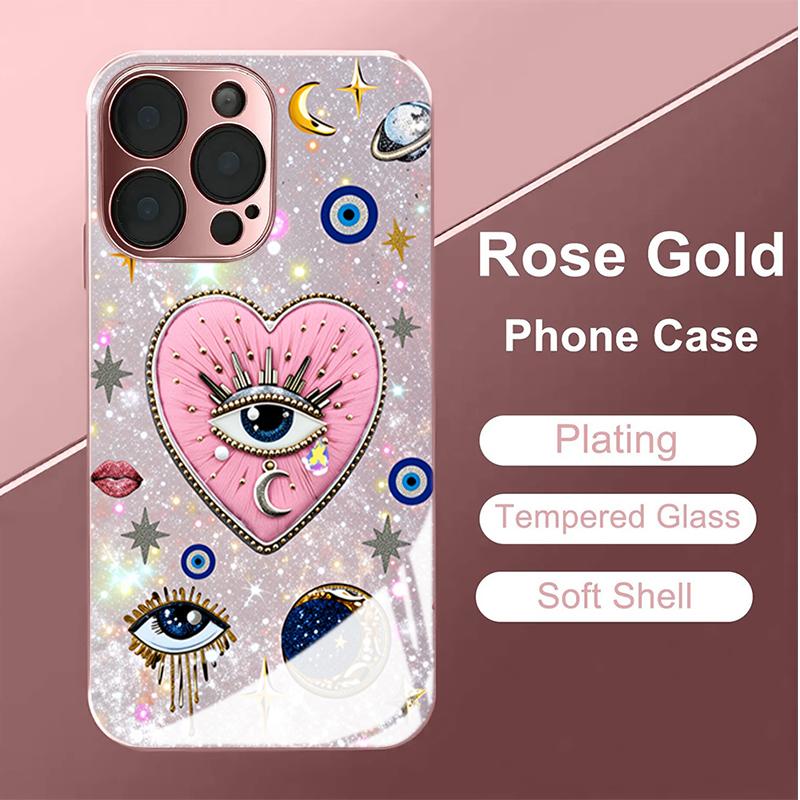 Sparkling Pink Love Eyes Tempered Glass Phone Case for iPhone 17 Pro Max 16 15 14 Plus 11 12 13 Pro Max 16E 17Air Protect Cover