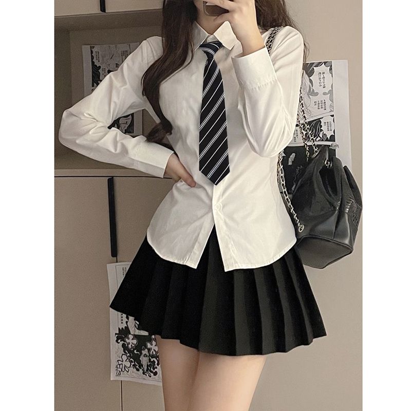 

JK Silm Stylish Niche Top Long Sleeves Shirt One-piece white Long sleeves S