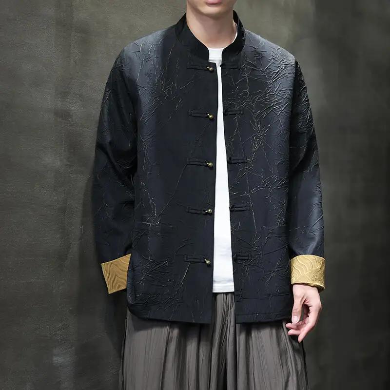 Men Retro Jacket Man Chinese Style Stand Collar Coats Male Copper Button Tang Suit Mens Youth Large Size Hanfu Vintage Outerwear