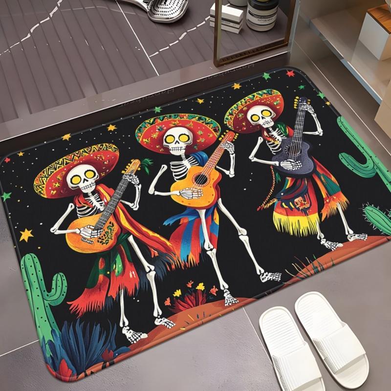 1PC Mexican Skeleton Guitar Cactus Print Doormat Non Slip Washable Entrance Rug Halloween Front Door Floor Mat Home Decor