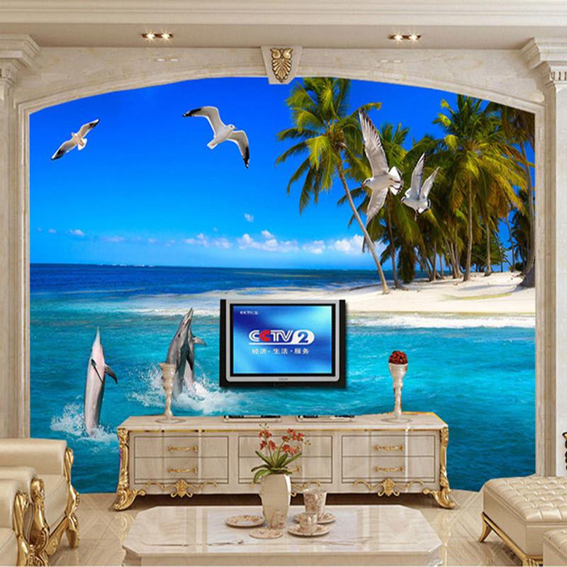 Custom Mural Wallpaper HD Sea View Large Murals Beach Coconut Trees Dolphin Seagull Photo Wall Paper For Living Room TV Backdrop