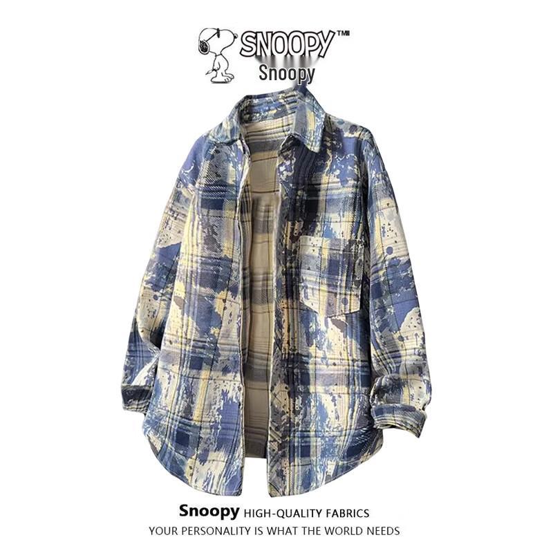SNOOPY Men s American Style Plaid Long Sleeve Shirt 5XL