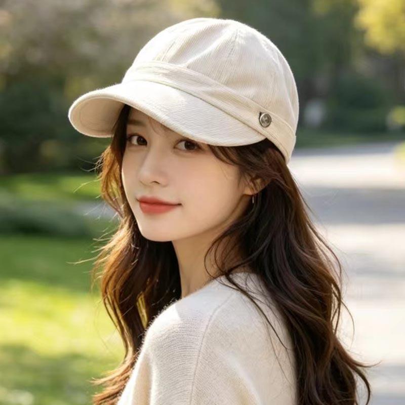 Simple solid color corduroy duck tongue basin hat women's metal buckle wide brimmed hat autumn and winter versatile commuter hat