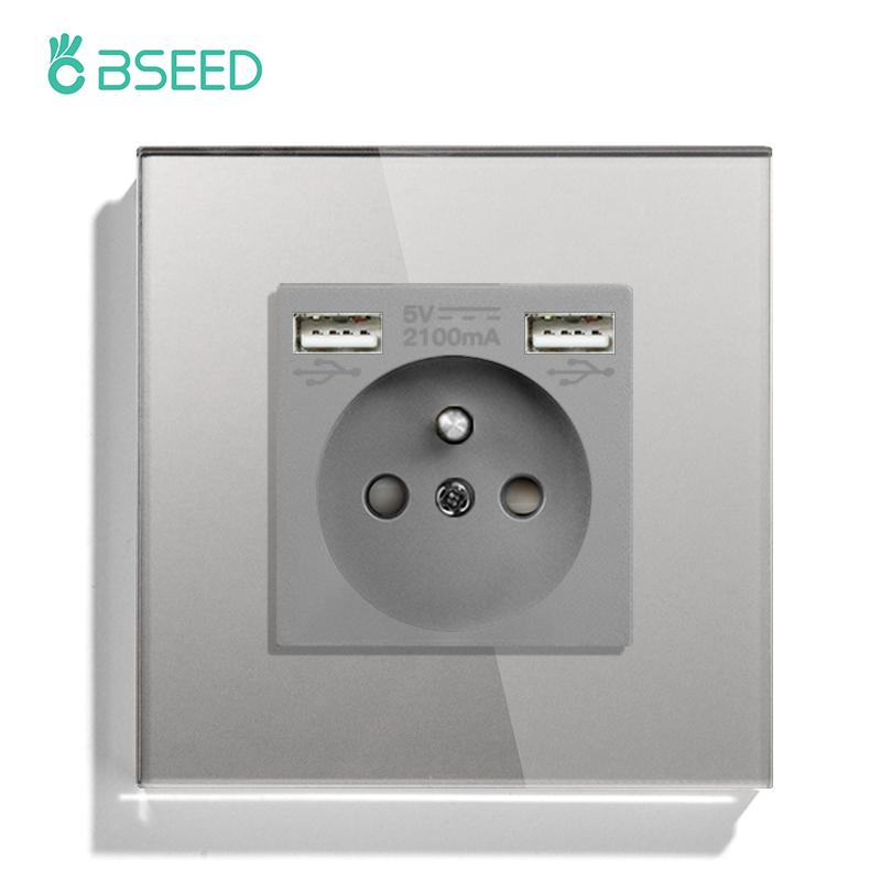 BSEED Single French Wall Socket Double Power Sockets Triple Electric Sockets With Type-c Double USB Charing Ports  Glass Frame