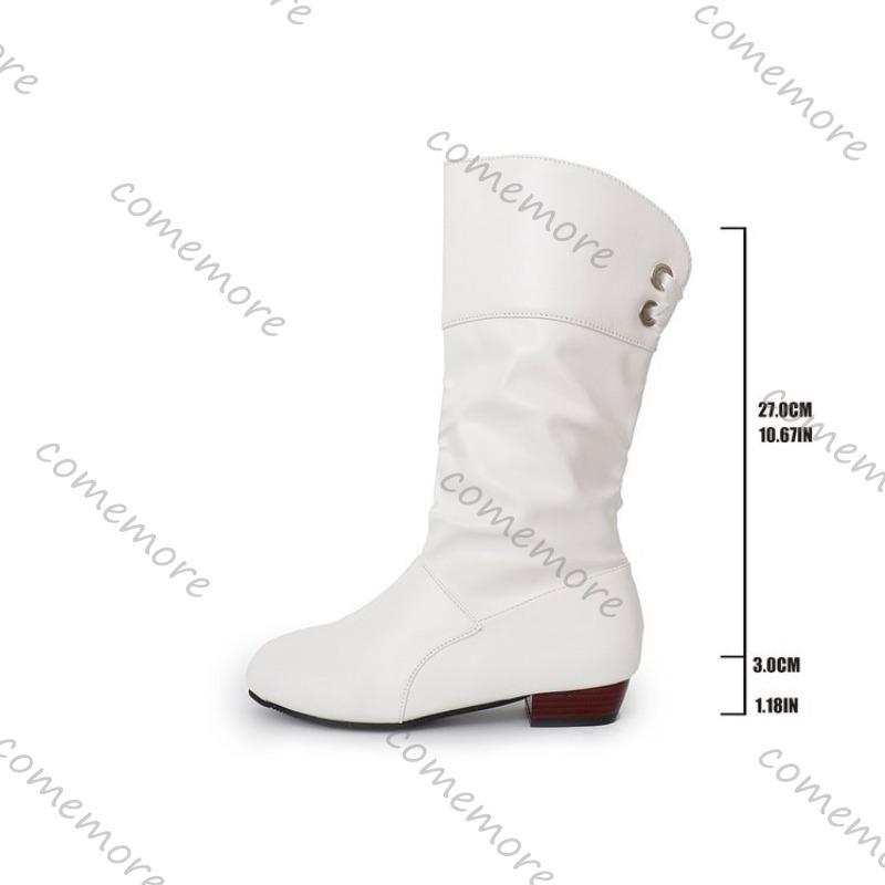 Святкуйте Жіночі Чоботи Весняно-Осіннє Взуття Шкіряні Чоботи до Середини Ікри Жіночі Круглий Носок Однотонні Товсті Низькі Підбори Повсякденні Ботильйони Жіночі