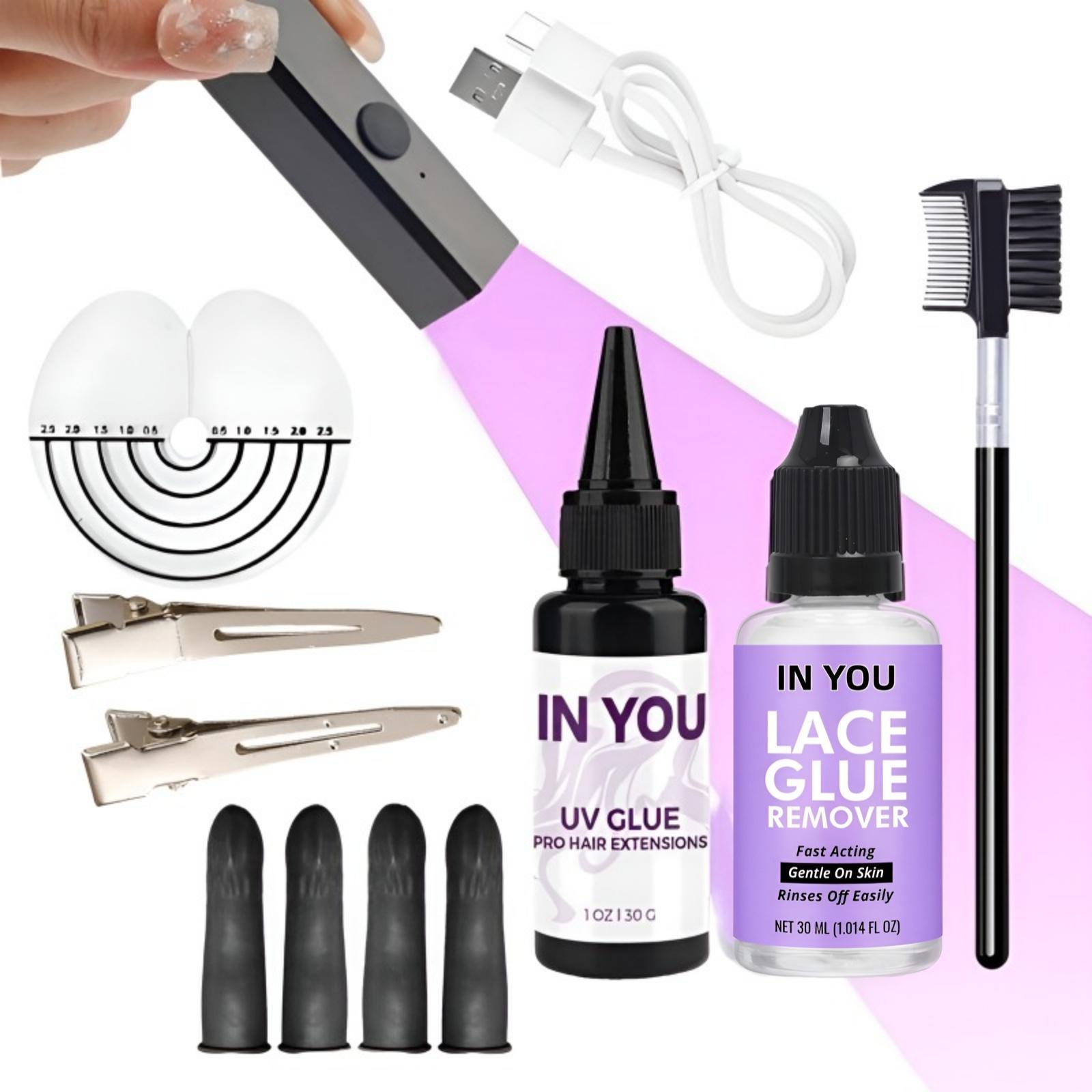 

Professional Fast Drying UV Hair Extension Kit, Clear 30g UV Glue, 30ml Remover, UV Lamp for Wig & Eyelash Extensions Salon Home Use A set