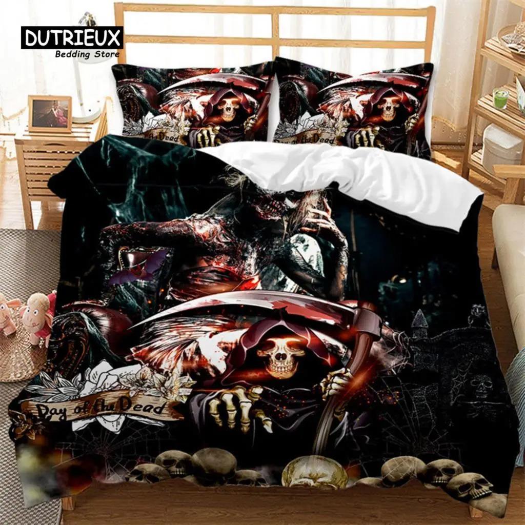 Dark Skull Duvet Cover Microfiber Gothic Skeleton Bedding Set Horror Theme Comforter Cover Queen For Teen Adults Bedroom Decor