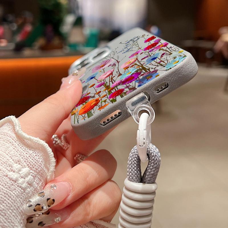 Husă mată rezistentă la șocuri, color trandafir, imprimeu floral, pentru iPhone 16 Pro Max 15 14 Pro 13 12 11, cu șnur moale, protecție pentru lentile, husă subțire din piele cu textura pentru telefon