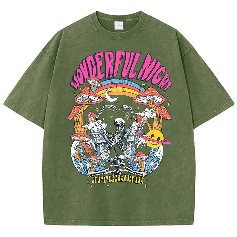 Women Casual Cotton Washed T-Shirt Wonderful Night Skeleton Butterfly Wave Printing Tops Fashion Oversize Street Female Clothing S разноцветный