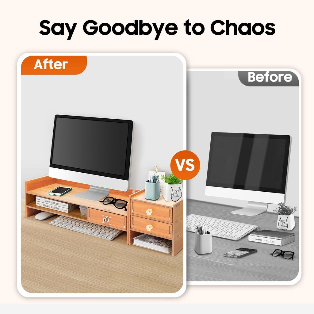 Wooden Monitor Stand with 3 Drawers, Lockable Drawer, Desk Riser Computer Monitor Stand for Office Home PC Laptop