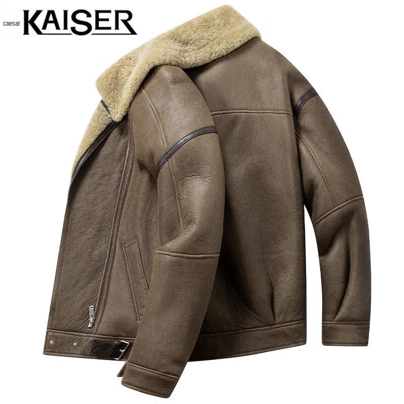KAISER Men's Sheepskin Fur Lined Lapel Leather Jacket