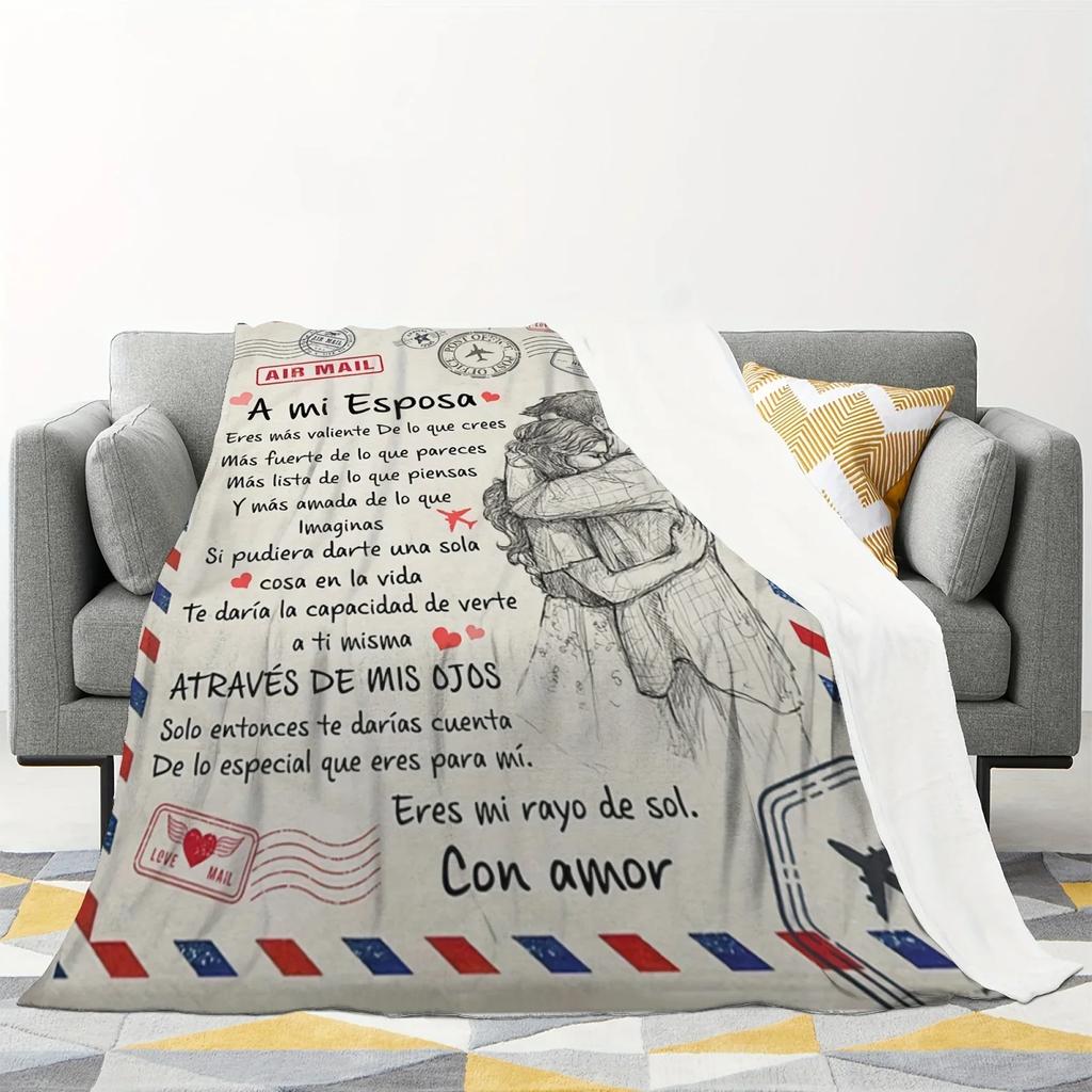 1pc Letter To My Wife Flannel Blanket, Spanish Soft Quilt Valentine's Day Gift Throw Blanket, Warm Cozy Soft Blanket For Couch B