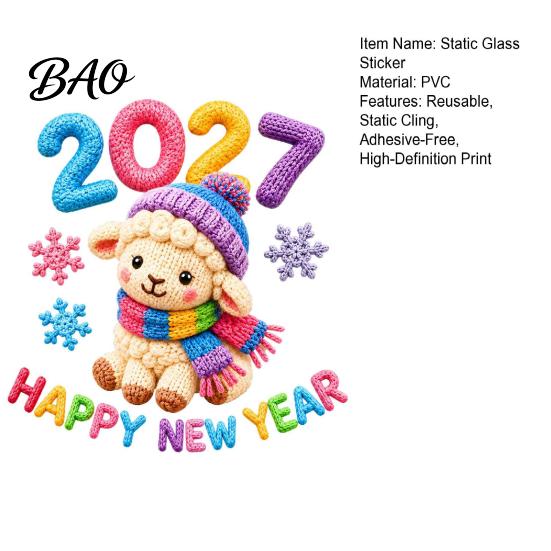 New Year Window Decorations Chinese Stickers, 2027 Goat Static Clings, Reusable Electrostatic Glass Stickers Crochet Knit Lamb Decals, Decor for Home