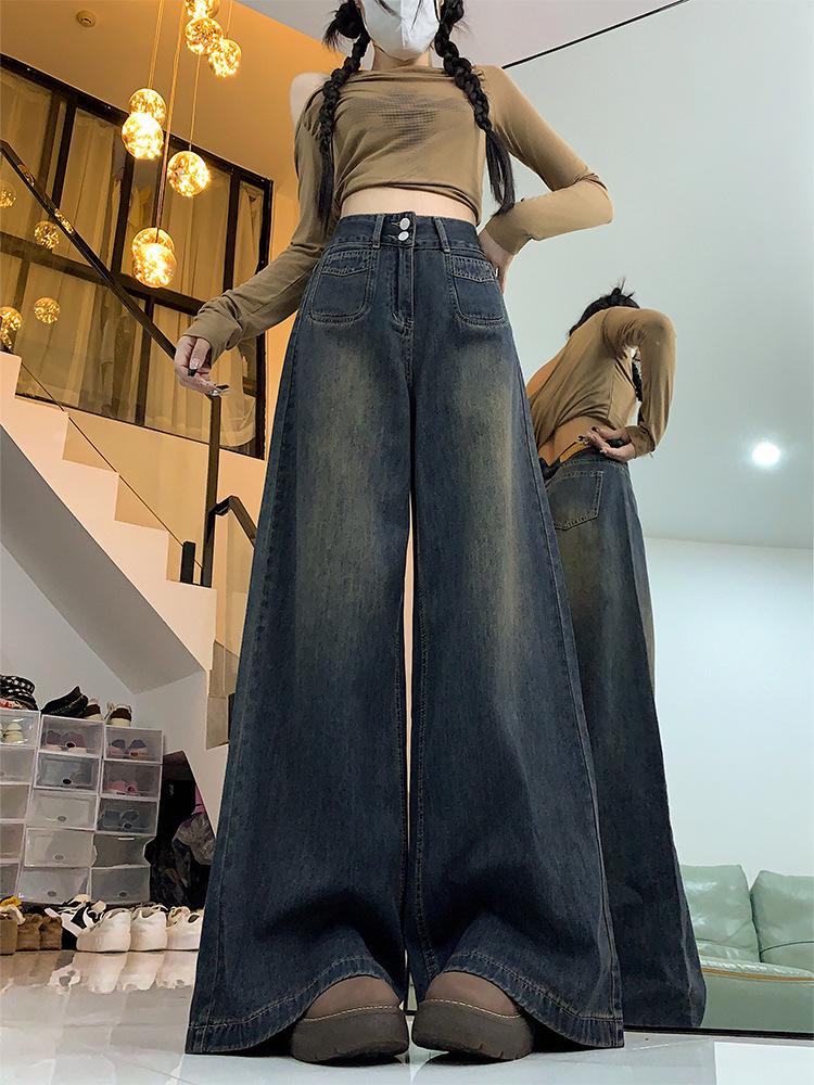 

Women s Cement Gray Wide-Leg Jeans, High-Waisted, Plus Size Slimming, Floor-Length, Velvet-Enhanced for Autumn/Winter 2025. Extra Small