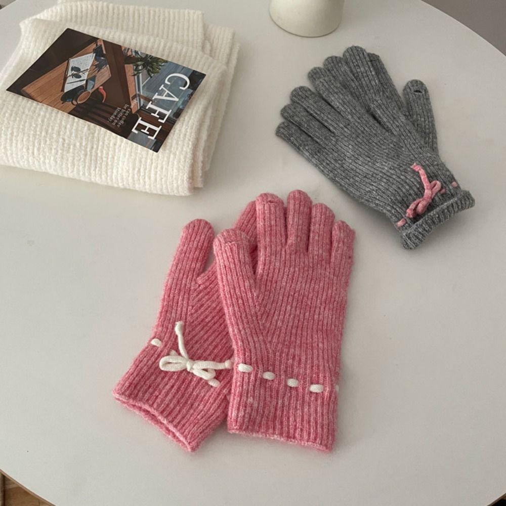 Warm Bow Drawstring Hat Korean Style Winter Gloves Cartoon Wool Bowknot Scarf  Ski