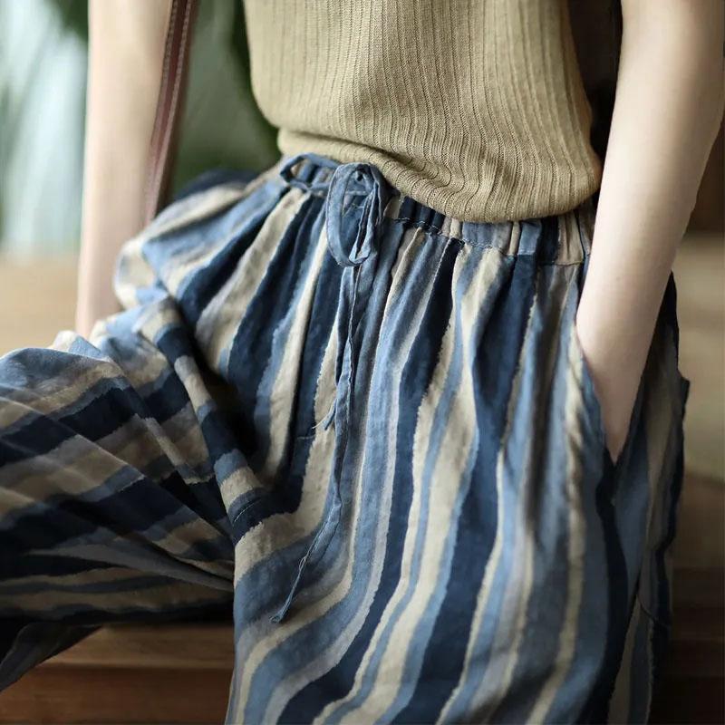 Pants Summer Women Cotton Stripes Pants Plus Size Loose Pajama Pants Versatile Casual Linen Pants