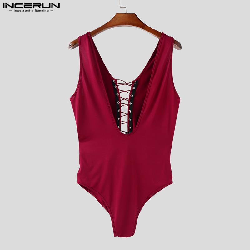 INCERUN Macacões Bodysuits Justos Sem Mangas Vazados com Bandagem e Renda com Cordões Masculinos