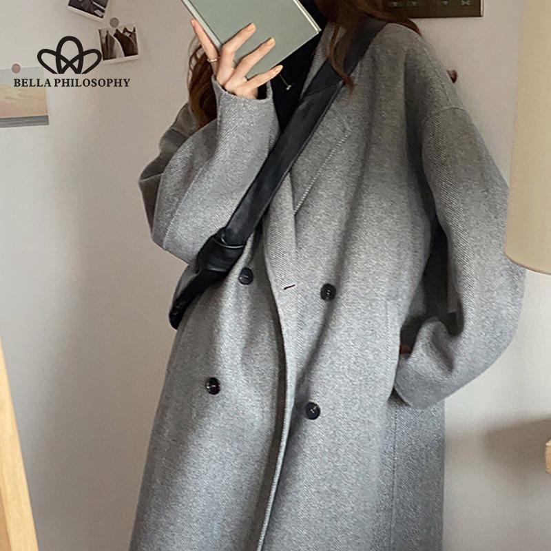 Cappotto di Lana di Media Lunghezza Stile Coreano Cappotto di Lana Doppiopetto Cappotto Coreano con Revers Largo
