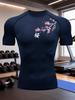 Mens Navy Blue Compression Short Sleeve T-Shirt Cherry Blossom Graphic Slim Fit Gym And Running Athletic Training Top