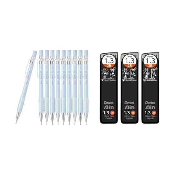 Pentel AMAIN Sharp Mechanical Pencil, 1.3mm, Milk Blue, 10 Pack with Pentel Ain 1.3mm 2B Lead Refills, 3 Pack