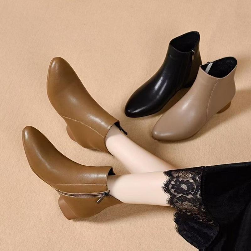 New Women'S Leather Ankle Boots-Low Heel Booties With Zipper, Soft Sole Comfortable Boots For Mothers, Fall/Winter  Shoes