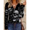 Comfortable Trendy Casual Elegant Style Black And White Painting Skull Element Print Pattern True Size Women'S Round Neck Zipper Long Sleeve
