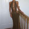 European & American Pattern Patchwork Sequin Mesh Dress - Backless, Hollow Design, Long Holiday Style Dress