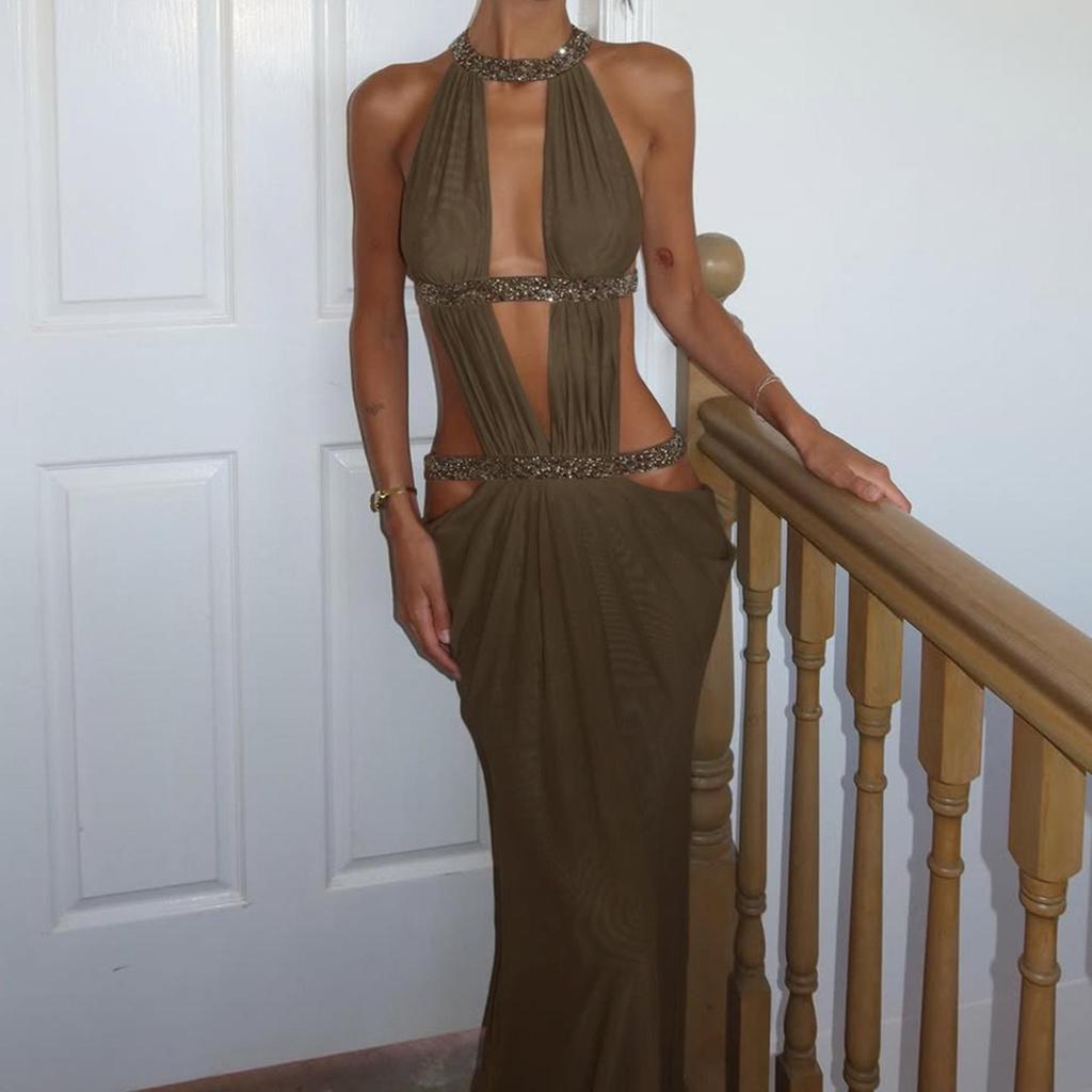 European & American Pattern Patchwork Sequin Mesh Dress - Backless, Hollow Design, Long Holiday Style Dress