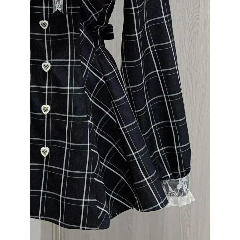 Japanese Fairy Sweet Lace Patchwork Plaid Dress Women Kawaii Grunge Ruffled Long Sleeve Dresses Y2k Aesthetic JK Lolita Vestidos