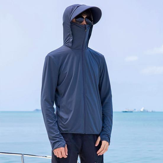 Men Summer Sun Protection Clothing Hooded Drawstring Long Sleeve UV Protection Coat Solid Color Zipper Placket Anti-UV Fishing Clothing