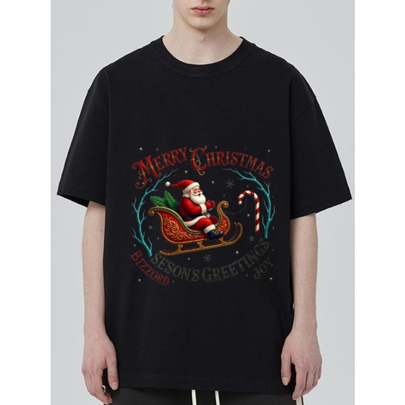 

Christmas T-Shirt Black Santa Claus Sleigh and Candy Cane Print Merry Christmas Seasons Greetings Joy Text Design for Holiday Party Casual Wear XXXXL чёрный