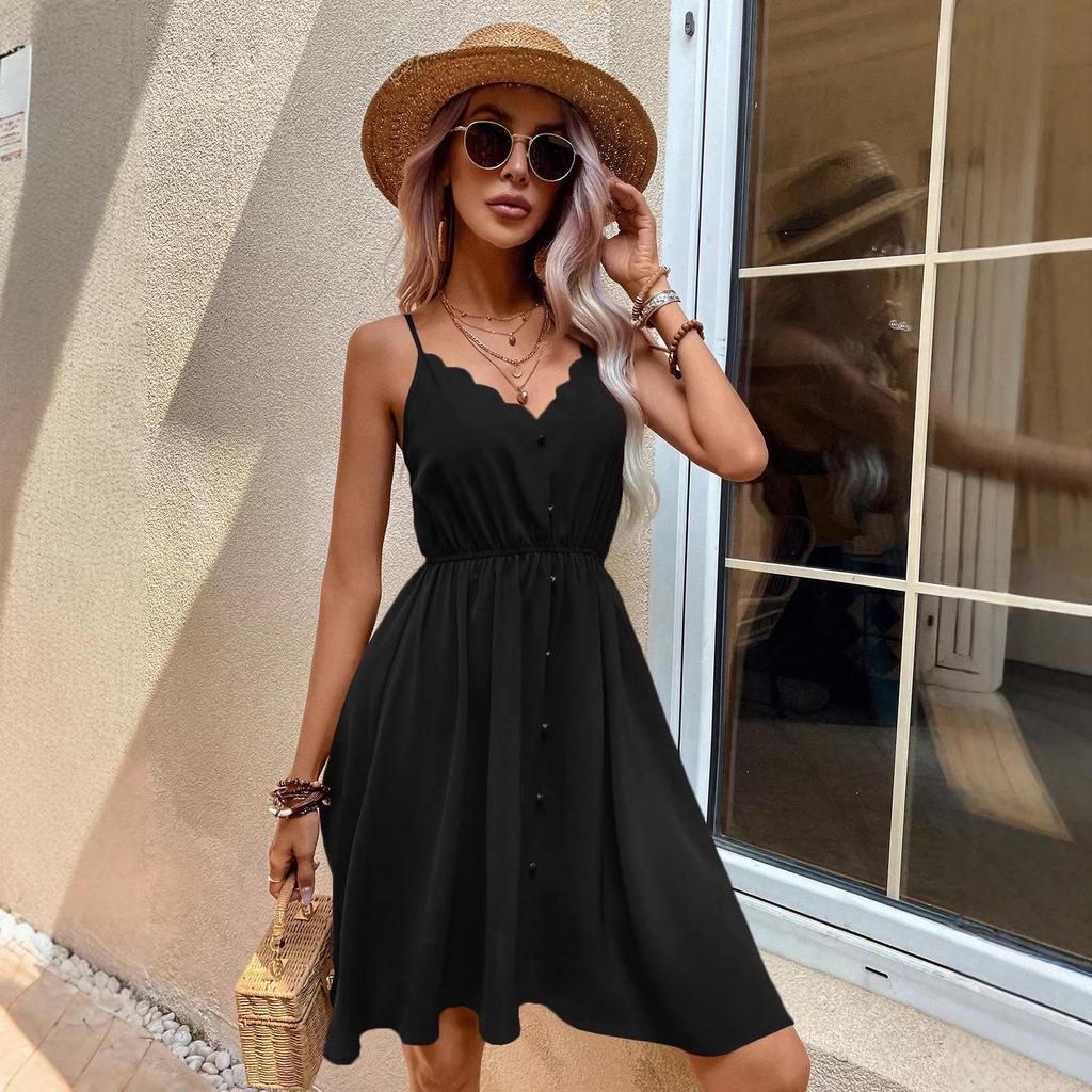 2026 V-neck Faux Button Spaghetti Strap Dress - Women's European & American Style with Lace Detailing, Comfortable & Casual