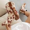 2025 Wildleder Leopardenmuster Stoff Holzmaserung Dicker Absatz Quaste Dünner Riemen Slipper Westernstiefel Plüschfutter für Winterstiefel
