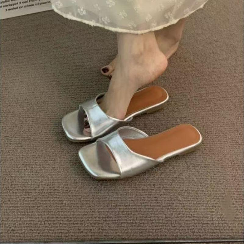 Cool slippers retro simple one-word drag women lazy flat shoes sandals summer new models