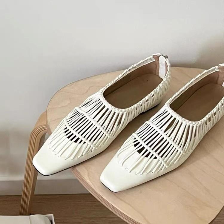 New woven tassel hollow shallow mouth Mary Jane single shoes women's flat bottom square head loafers women's shoes