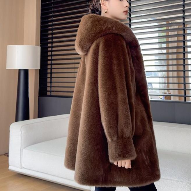 Women's Winter Fur Coat Mid-Length Thickened Eco-Friendly Hooded Fur Coat Faux Mink Fur Coat
