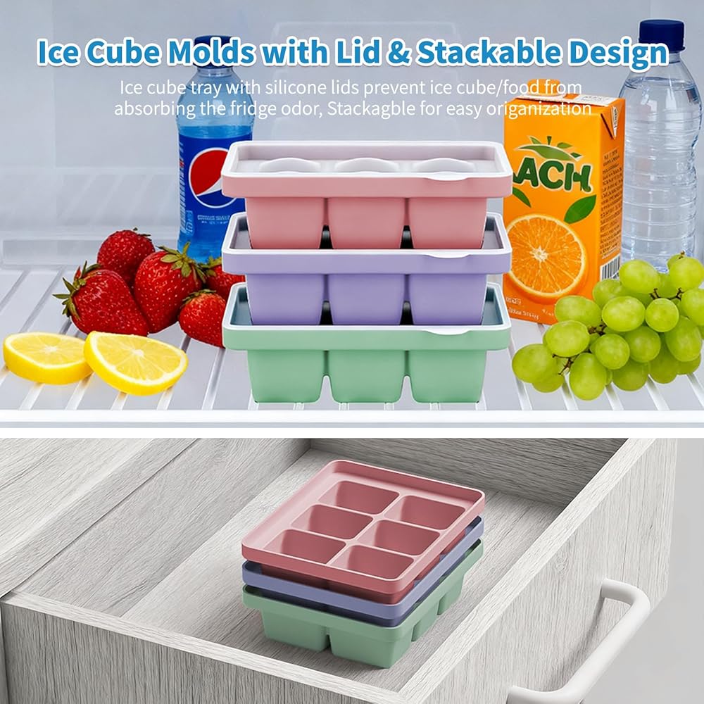 Set de 3 bacs à glaçons en silicone, Démoulage facile, 6 moules à glaçons flexibles en silicone avec couvercle amovible, Empilables au congélateur, Réutilisables