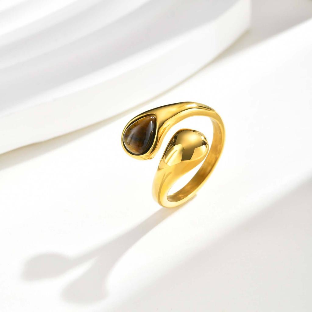 18K Gold Plated Brown Tiger Eye Natural Stone Water Drop Statement Open Ring,Vintage Boho Jewelry for Women