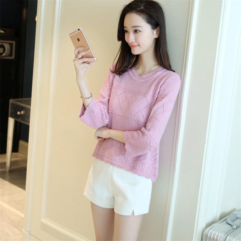 În primăvară și vară Pulover scobit nou din tricot Jachetă de damă cu secțiune subțire cu gât rotund Îmbrăcăminte linie largi Cămașă cu mânecă de șapte minute