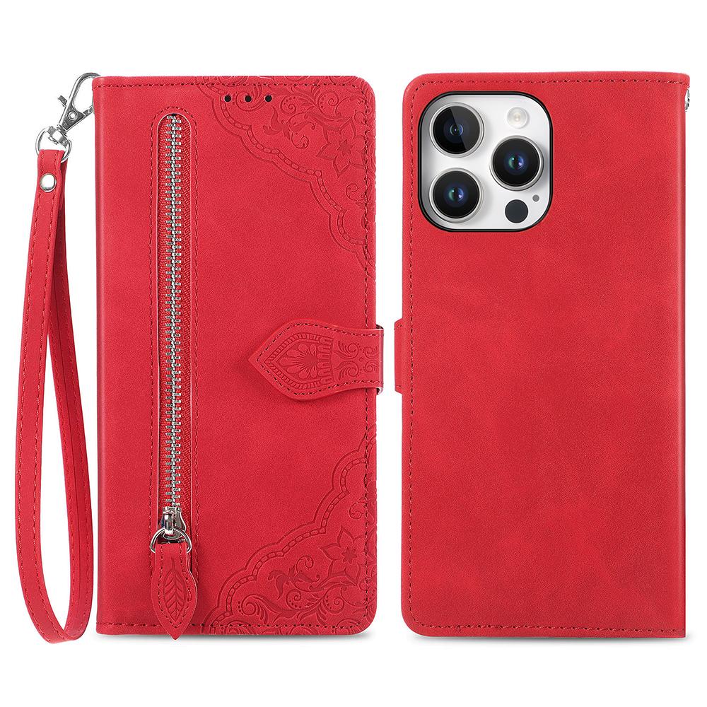 Dla iPhone 16 Pro Max Etui Portfel na Zamek z Paskiem Wytłaczany Wzór Kwiatowy Skórzane PU Pokrowiec na Telefon