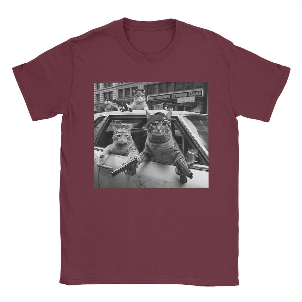 Funny Gangster Cats Street Desig T-Shirts for Men Hipster Pure Cotton Tees Round Collar Short Sleeve T Shirts Plus Size Clothes