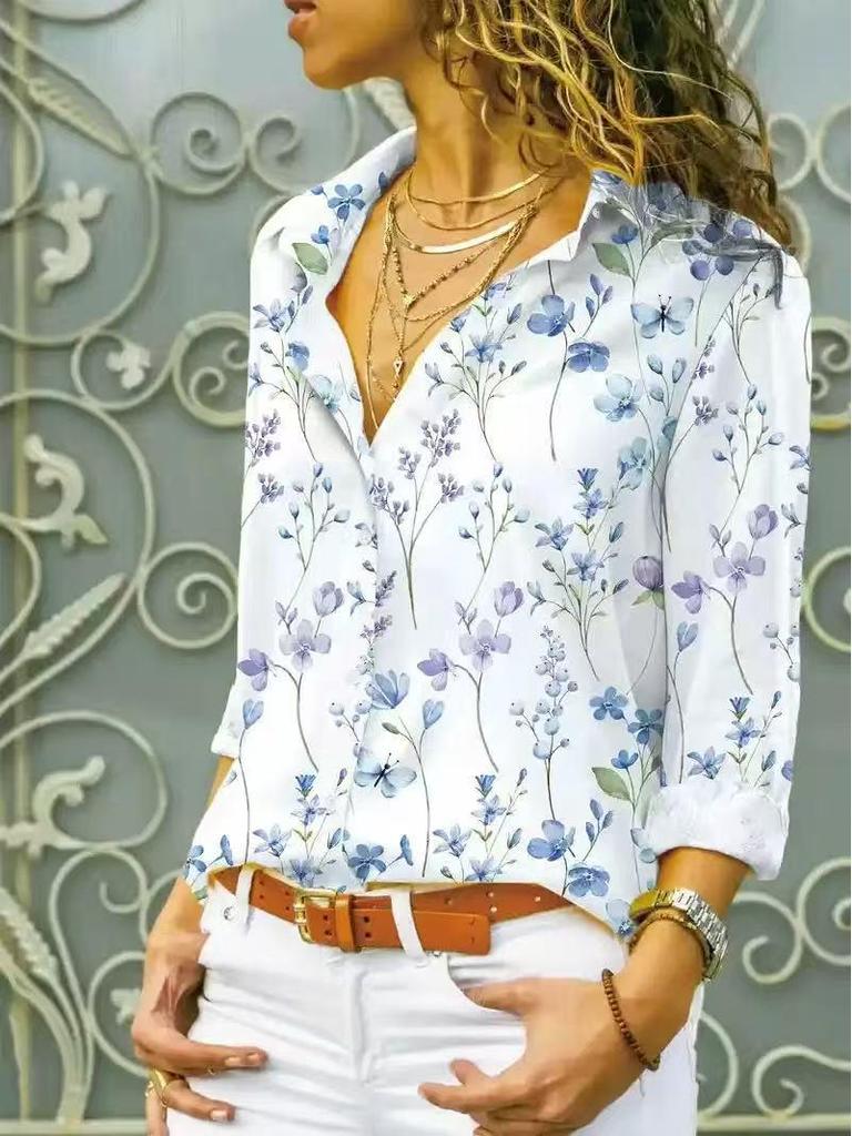 Elegant French Retro Print Long Sleeve Lapel Shirt for Spring/Summer