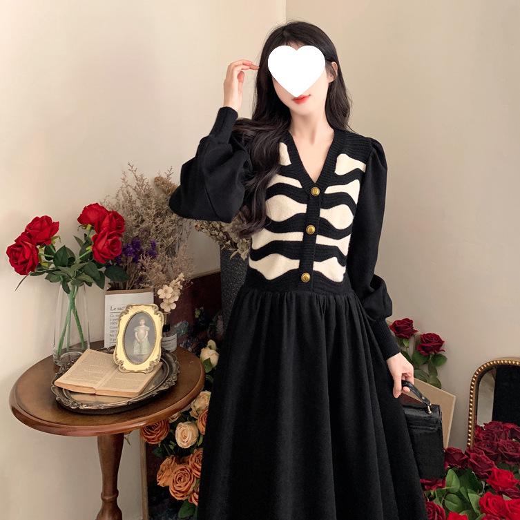 French Chic Loose Knit Patchwork Dress - Autumn/Winter Two-Piece Look for Petite Women 2XL чёрный